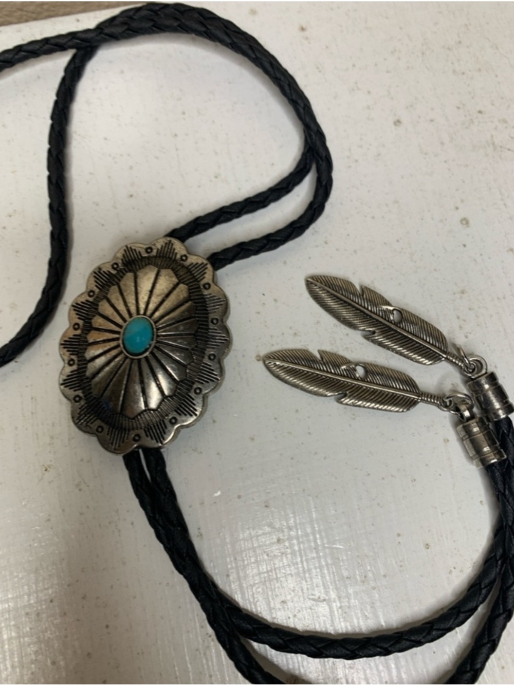 WESTERN Classic Black Bolo Tie with Silver and Turquoise Accents - Picture 3 of 4